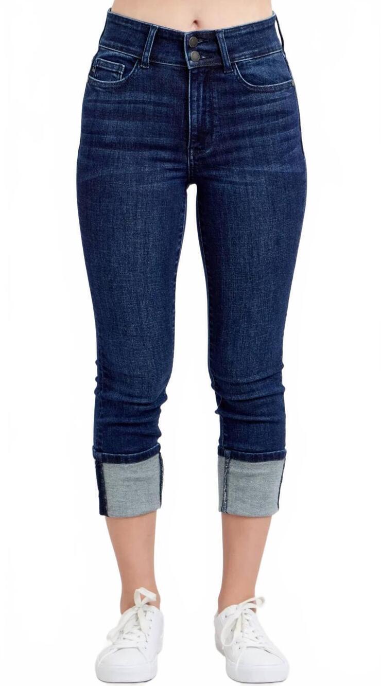 NEW JUDY BLUE high waist double waist band capri jeans in dark wash